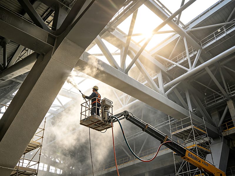 Large steel structure factory coated with thin film intumescent fireproof coating for industrial construction projects