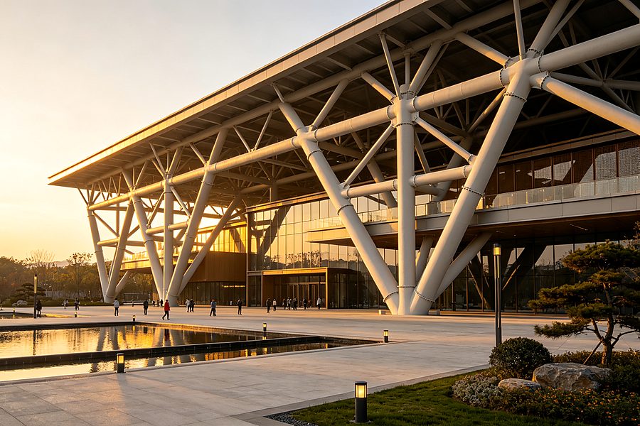 Large steel structure factory coated with thin film intumescent fireproof coating for industrial construction projects
